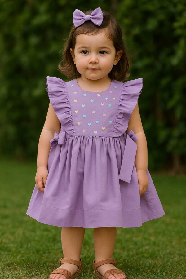 Stylish Lavender Baby Frock with Side Bow and Printed Hearts