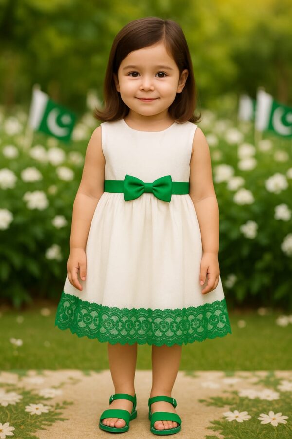 Pakistan Day Inspired White and Green Frock for Girls