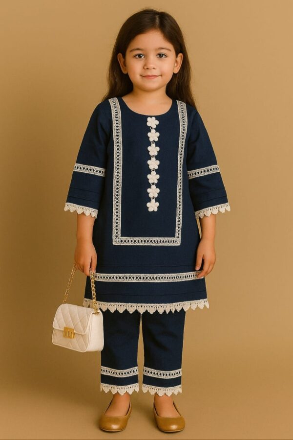 Elegant Navy Blue Lace Detailed Kurta Trouser Set for Girls